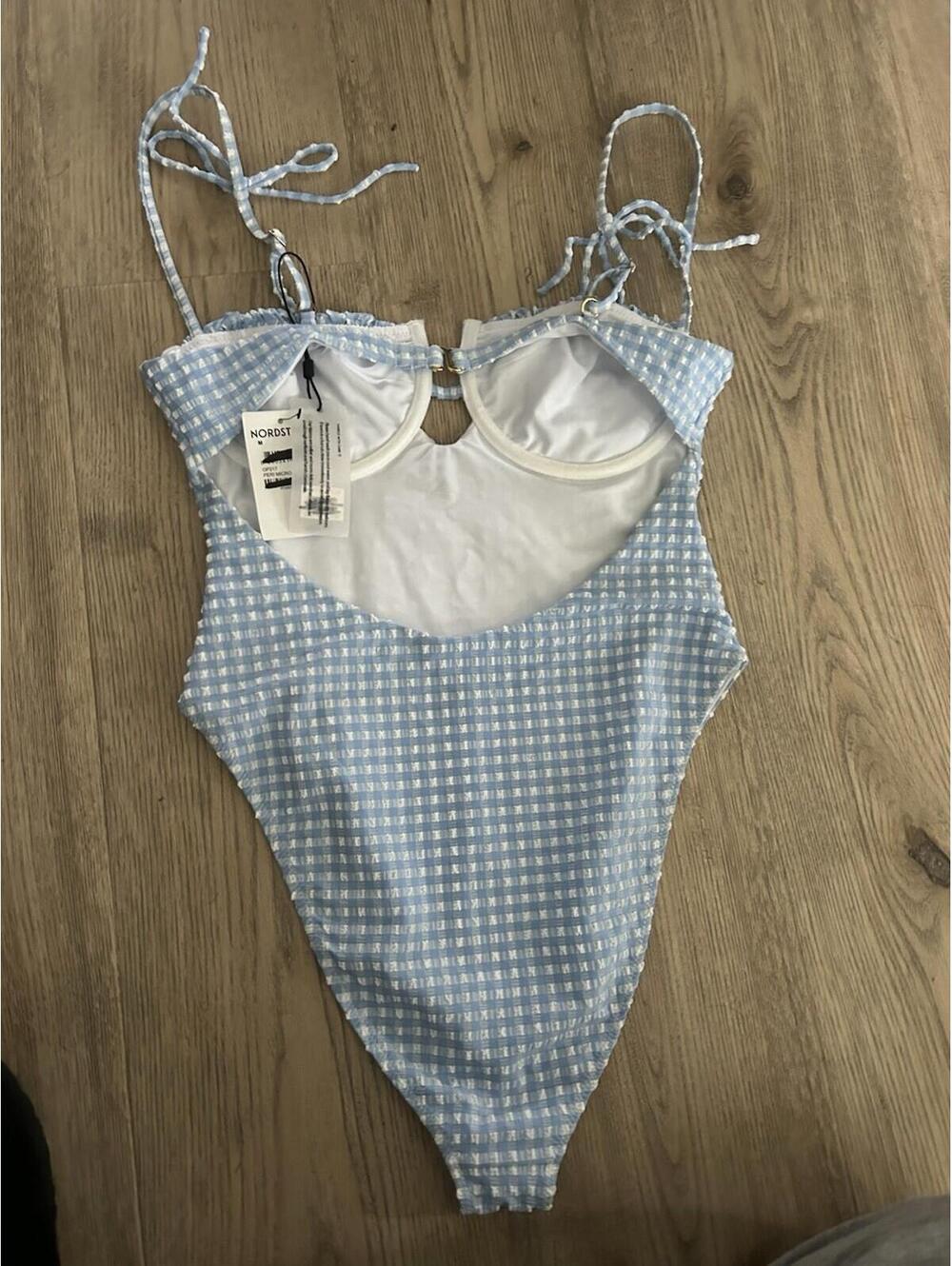 MONTCE Blue White Gingham One-Piece Tie Shoulder Swimsuit Size Medium - Picture 3 of 6